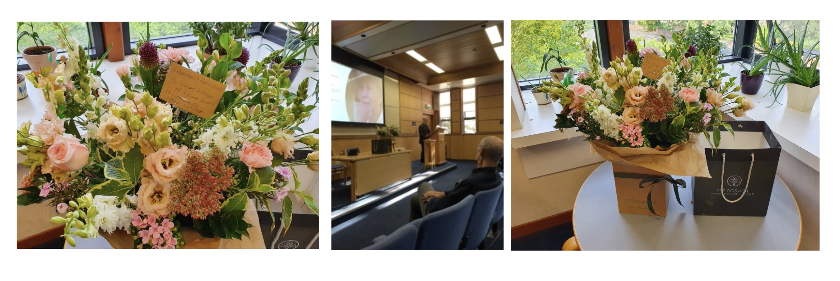 A collage of images including bouquets of flowers