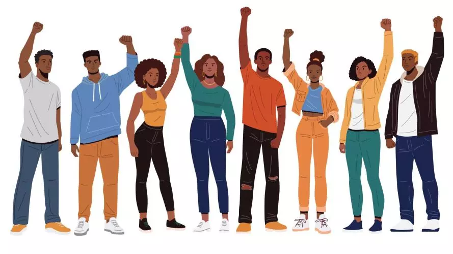 An illustration of young Africans standing together, each raising a clenched fist in the air. They wear casual clothing in various colours. Credit: stock.adobe.com / rexandpan