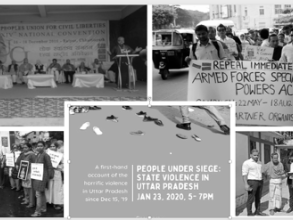 Collage of five images showing protests 