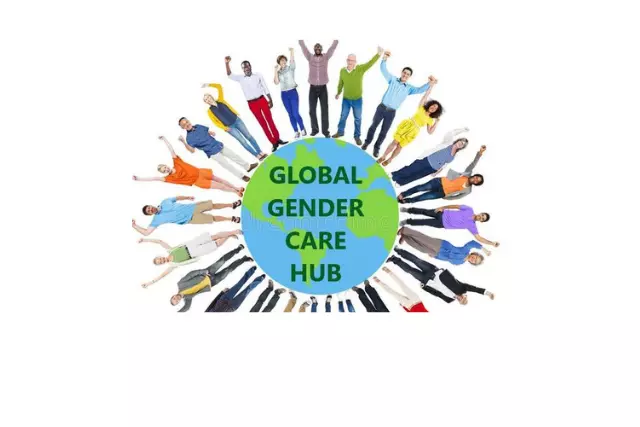 Global Gender Care Hub log with a globe in the centre, and people standing around the edge of the globe holding hands